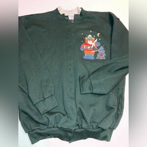 Green Cardigan Sweater with Bear Design